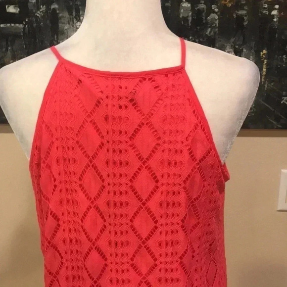 As U Wish Dress Womens Coral Mini Halter Neck Shift Stretch Sheer Lace-Size L - Picture 7 of 11